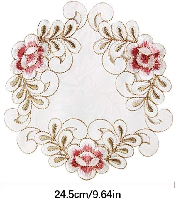 Sett med 4 runde blondeduker med blomsterbroderi, 9,8\" x 9,8\"