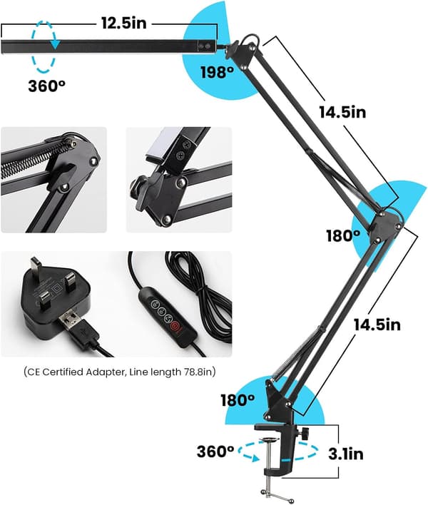 LED skrivebordslampe, BIENSEN 14W sammenleggbar arkitekt skrivebordslampe med klips
