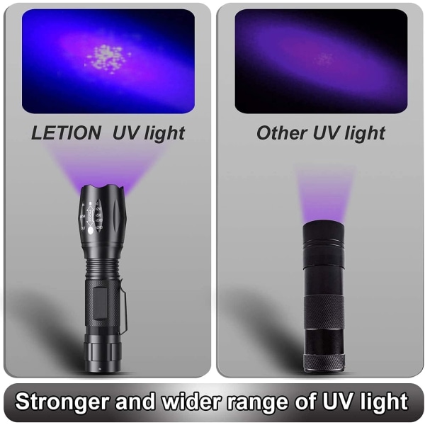 UV-ficklampa, 2 i 1 LED-ficklampa UV-lampa, 500 lumen 4 lägen svart