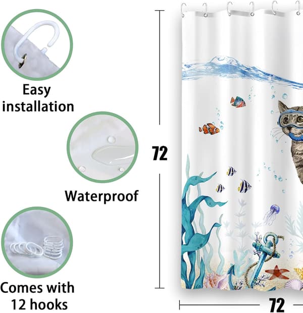 Rolig Katt Duschdraperi Teal Hav Ocean Vattentät Tyg Dusch