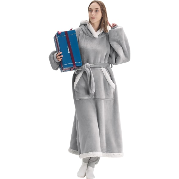 Oversized bærbart pledd-hettegenser, lang Sherpa fleece pledd-genser