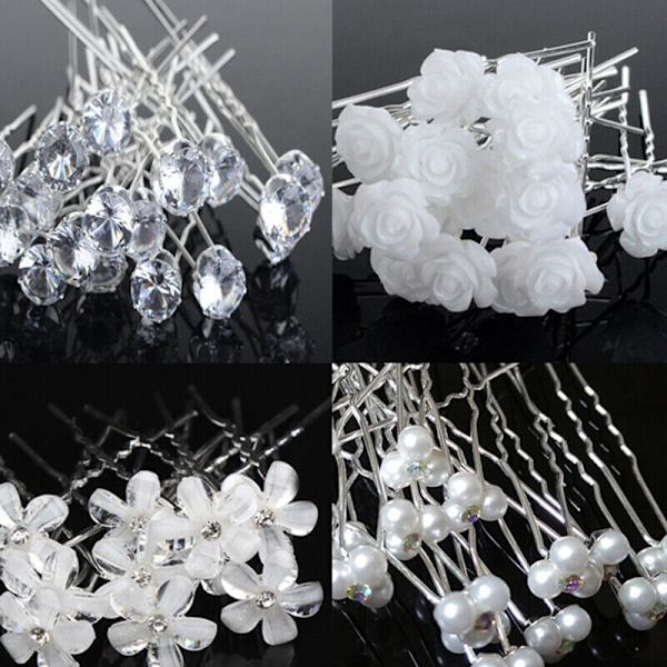 20x U-formede Bryllups-Brude Pearl Rose Blomster Hårnåle Krystal R