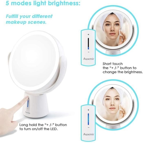 Auxmir Magnifying Mirror 1X 10X Swivels 360 Two Sides LED Lighted Makeup Mirror Justerbar i 5 ljusstyrkanivåer. [6627]