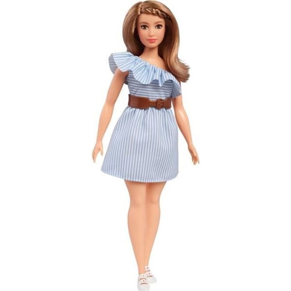Barbie Fashionistas modedocka #76 blond med blårandig klänning och fawnbälte, barnleksak, FJF41