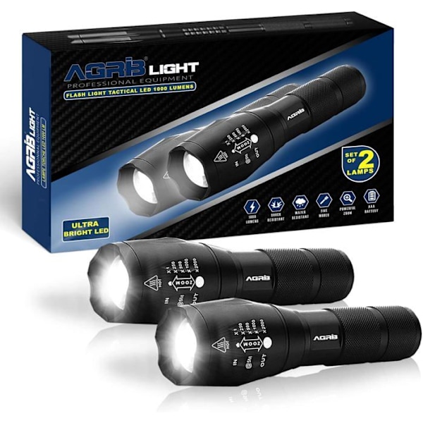 Ultra Vahva LED Taskulamppu 1000 Lumen [2 Kpl] Taskulamppu - Pitkä Lento Zoom, 5 Režiimiä, Iskunkestävä ja Vesitiivis - Taktinen Lamppu Vit