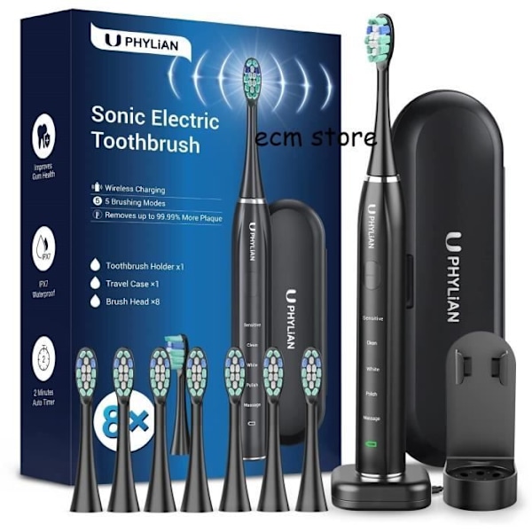 PHYLIAN Sonic Tandbørste ELEKTRISK SORT HH06015 med 8 udskiftningsbørster, 5 børstemodes