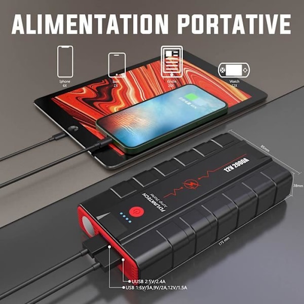 FLYLINKTECH Booster Batteri Bil 2000A Peak 20000mAh (op til 10,0 L benzin og 9,0 L diesel), 12 V bilbatteri, c