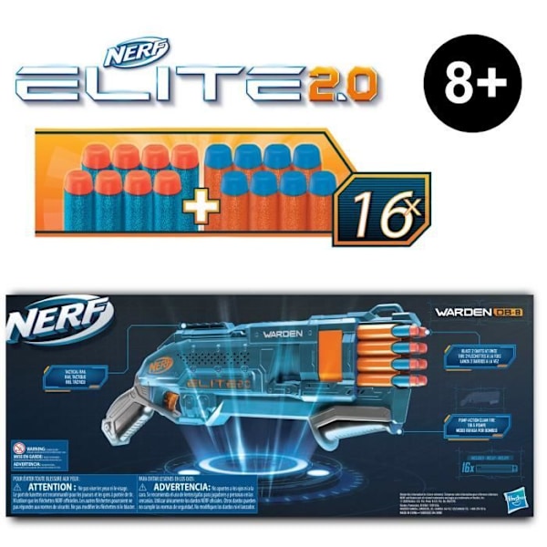 NERF - Elite 2.0 - Blaster Warden DB-8 16 dartpile NERF - affyrer 2 dartpile ad gangen - taktisk skinne til tilpasning Flerfarvet