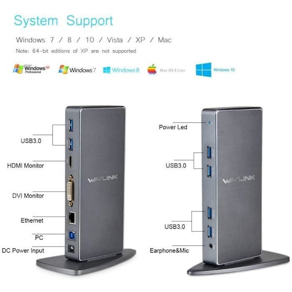 Asemointikohde - WAVLINK - USB 3.0/USB-C - 6 x USB 3.0 - DVI/VGA/HDMI - Gigabit Ethernet
