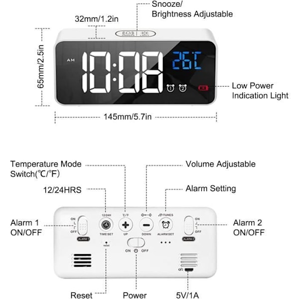 LATEC Digital Vækning, LED Vækkeur med Snooze-funktion, USB Opladerporte (Hvid)95