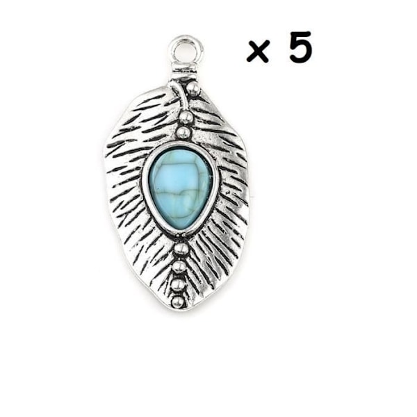 Set med 5 hängen i bohemisk stil i gammalt silverblått/grönt löv vattendroppar turkos 5x2 cm