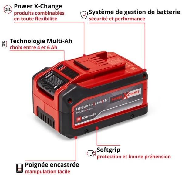 Einhell Batteri 6,0 Ah PXC PLUS (Litium-Ion, 18 V, 4-6 Ah Multi-Ah, för alla Einhell PXC-enheter) Svart och röd