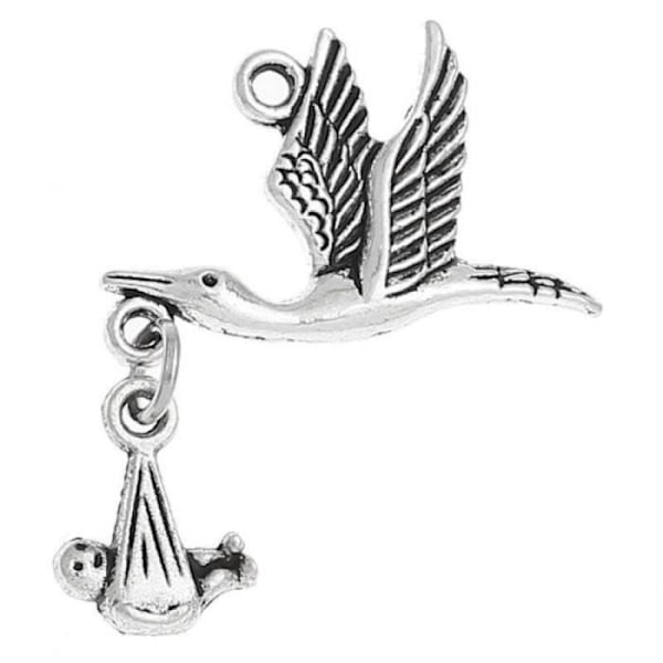 Lot om 21 hänge/Charms Stork In Flight + Baby Med Swaddle 29x24mm