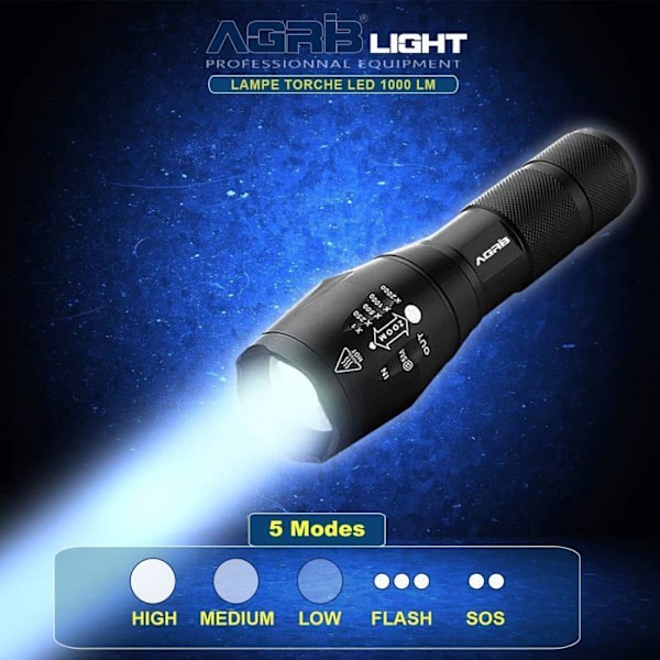 Ultrakraftig led ficklampa 1000 lumen [paket med 2] Zoom-ficklampa med lång räckvidd, 5 lägen, anti-chock och vattentät-Tactiq-lampa Vit
