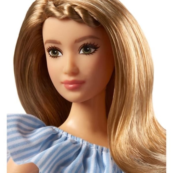 Barbie Fashionistas nukke #76 vaaleat hiukset siniraitaisessa mekossa ja ruskeassa vyössä, lelu lapsille, FJF41
