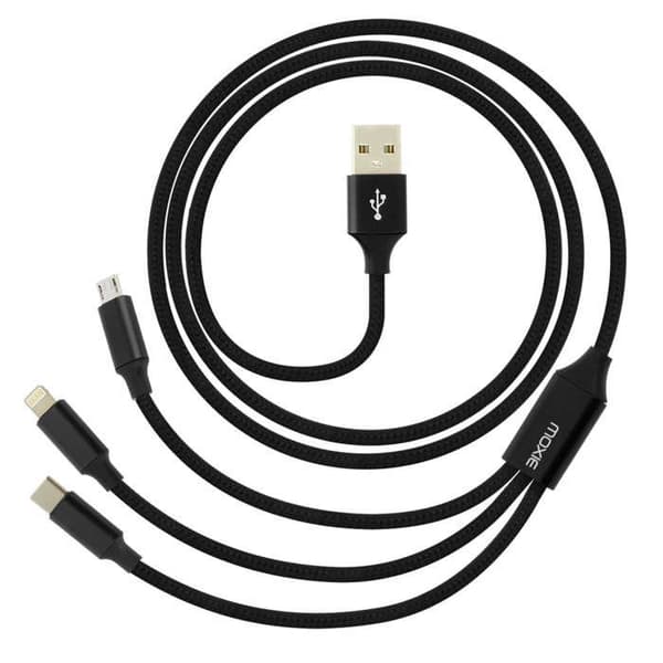 Kabel 3 i 1 Lightning USB typ C Micro USB Multi-ändar Laddning 3A Moxie Svart