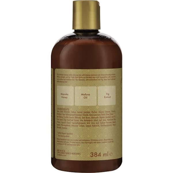 Shea Moisture Naisille tarkoitettu intensiivisesti kosteuttava shampoo Manuka-hunajalla ja Mafura-öljyllä kuiville ja vaurioituneille hiuksille, 384ml