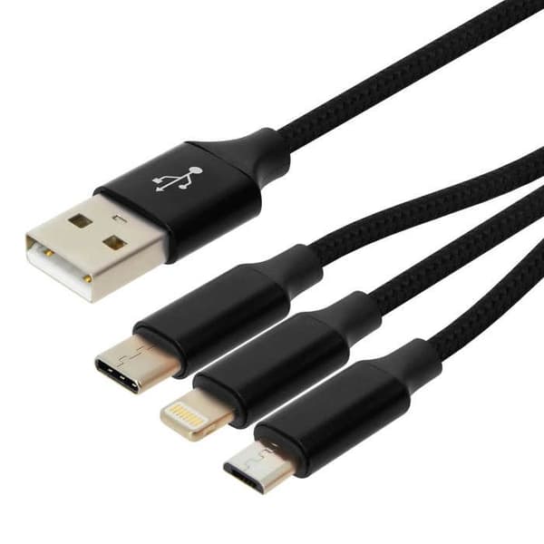 3-in-1 Kaapeli Lightning USB tyyppi C Micro USB Monipääte Lataus 3A Moxie Musta
