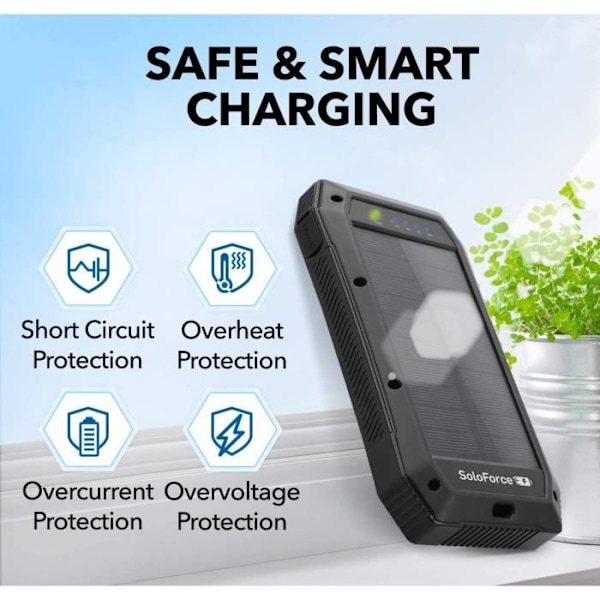 SoloForce Solcellelader og trådløs bærbar batteri 20000mAh Sort Power Bank solcelle