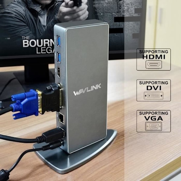 Asemointikohde - WAVLINK - USB 3.0/USB-C - 6 x USB 3.0 - DVI/VGA/HDMI - Gigabit Ethernet
