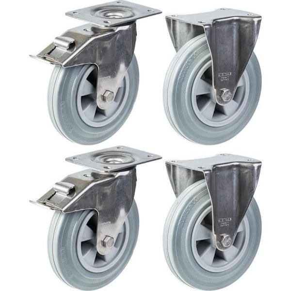 työmaavarusteet 200 mm 8" ruostumattomasta teräksestä valmistetut pyörät harmaalla kumilla, jarrut ja kiinteät, 820 kg, 4 kpl sarja