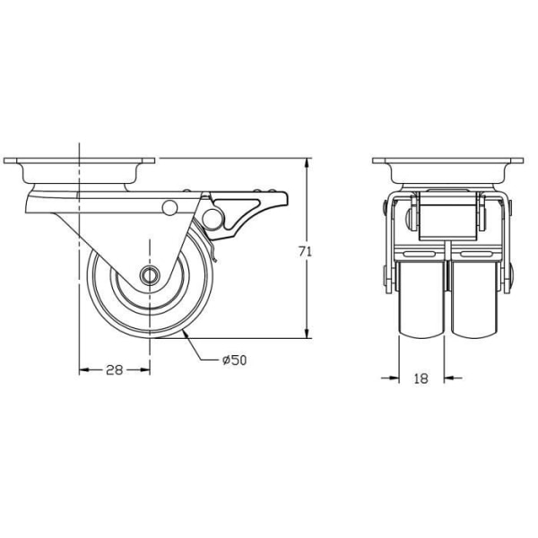 50 mm 5,1 cm dobbelt hjul hjul Grå gummidreje med bremse 70 kg kapacitet