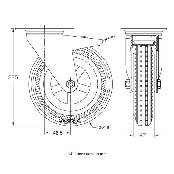 Roulette - Inox - 200 mm - Grå gummi - Svängbar - Integrerat broms Grå