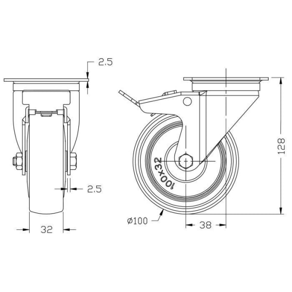 100 mm 4" Beaver Grey gummidrejet med bremse Heavy Duty 110 kg Kapacitet