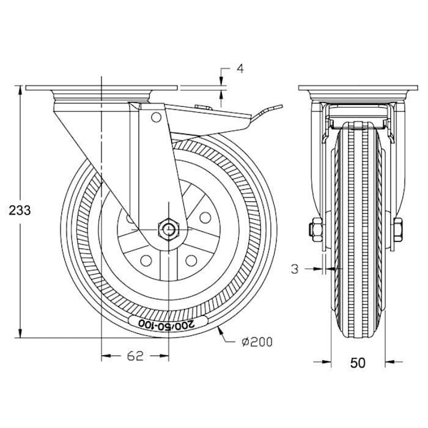 Hjul med broms - 200mm - Svart - Stål - Svängbar - Maximal belastning 150 kg Svart