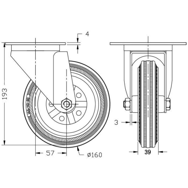 rakennustyömaalaitteet 160mm 6" kääntyvä kumirengas, raskas kantavuus 600kg, 4 kpl sarja