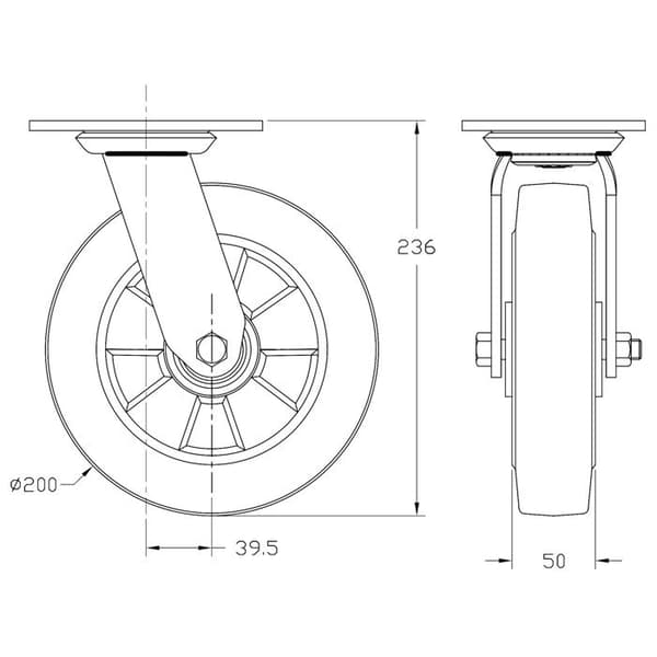 Rulleter - 200 mm - Sort gummi - Drejelige - Sæt af 4 Svart