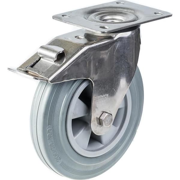 Roulette - Inox - 200 mm - Grå gummi - Svängbar - Integrerat broms Grå