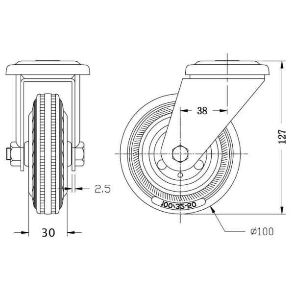 100 mm 4" drejeligt gummidæk - 90 kg kapacitet - sort Svart