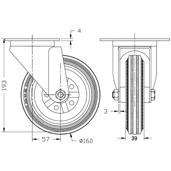 byggarbetsplatsutrustning 160mm 6" svängbart gummidäck med broms, stark kapacitet 600kg, set om 4