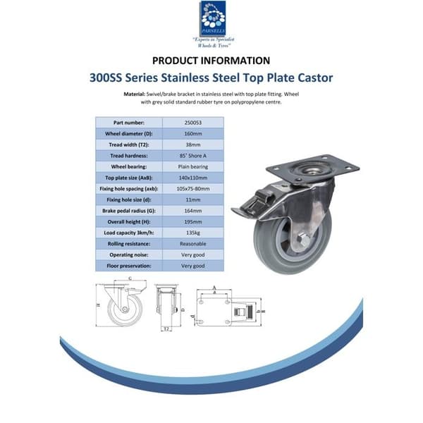 Roulette - 160 mm - Rustfrit stål - Grå gummi - Drejbar med bremse Grå