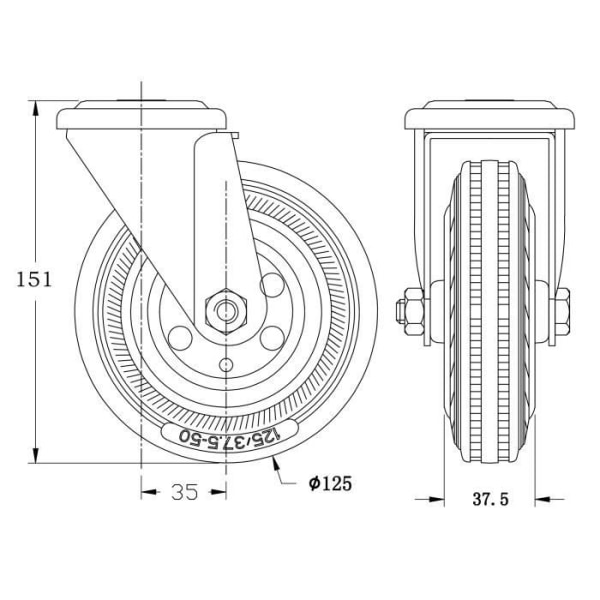 rakennustyömaalaitteet 125mm 5" kääntyvä kumirengas, raskas kapasiteetti 480kg, 4 kpl sarja