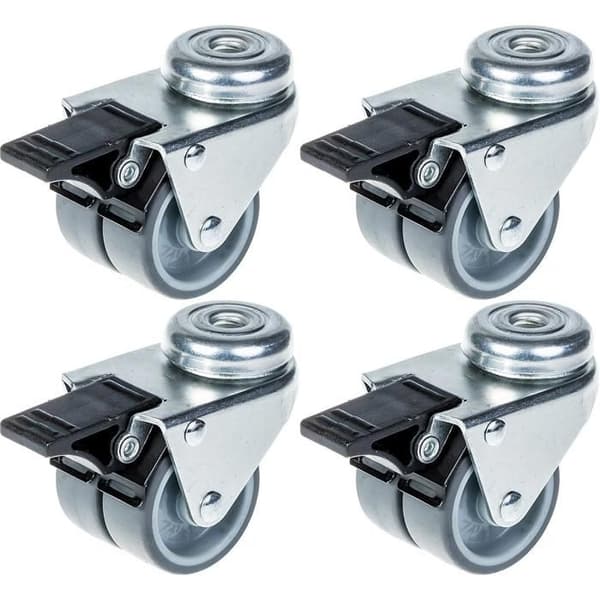 Roulette - Dubbel - Grå gummi - 50mm - Paket med 4 med broms Grå