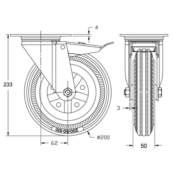 Roulette - 200mm - Sort gummi - Sæt med 4 - Bremse og fast Svart