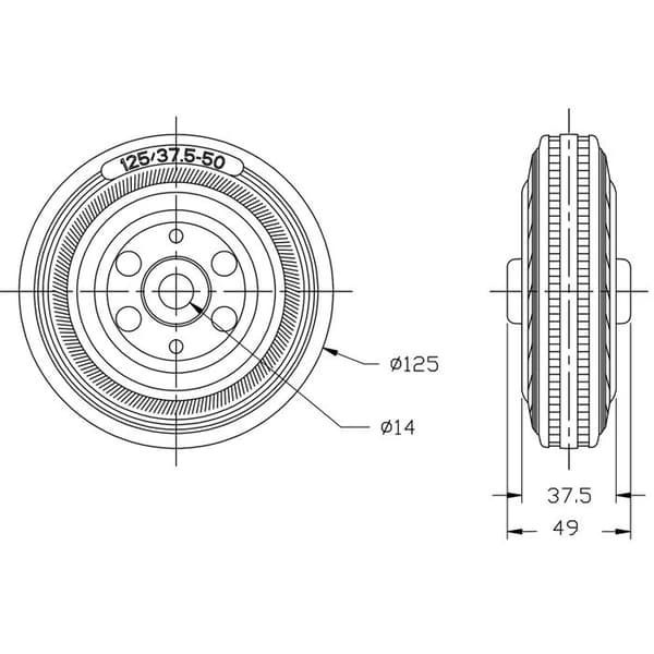 Hjul - Sort - 125mm - Belastning 120kg - Sæt på 2 - Solid gummi Svart