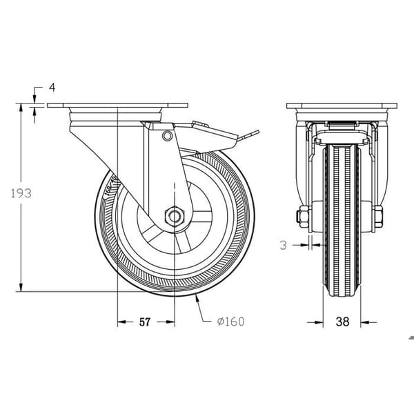 Rullar - Castor - 160mm - Broms - Kapacitet 540kg - Förpackning om 4 Grå