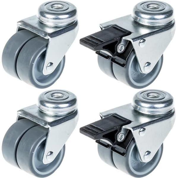 Hjul - 50 mm - Grå gummi - Paket med 4 - Svängbara med broms Grå