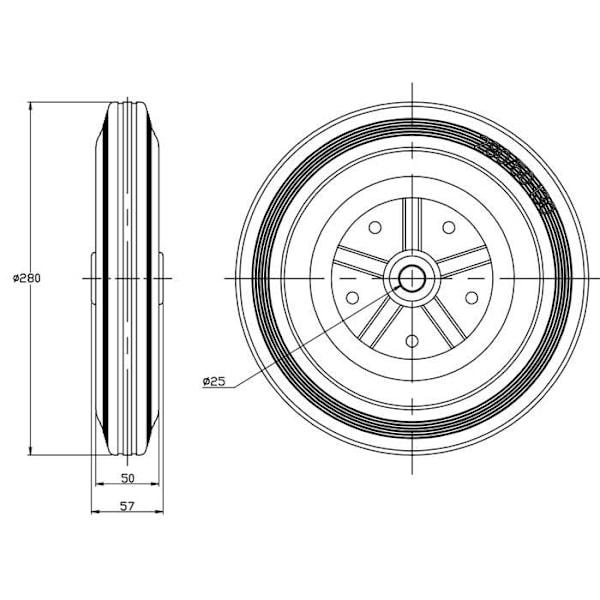 280 mm gummidäck - 11" hjul - Pressat stålcentrum - Lastkapacitet 440 kg - Set om 2 Svart