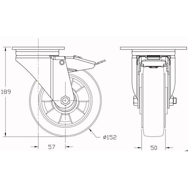 Ruller - 152 mm - Sæt af 4 - Med bremse - Sort gummi Svart
