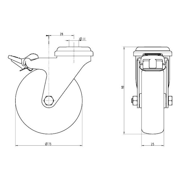 Hjul - Rostfritt stål - 75 mm x 3" - Sväng med broms - Maximal belastning 60 kg - Grå Grå