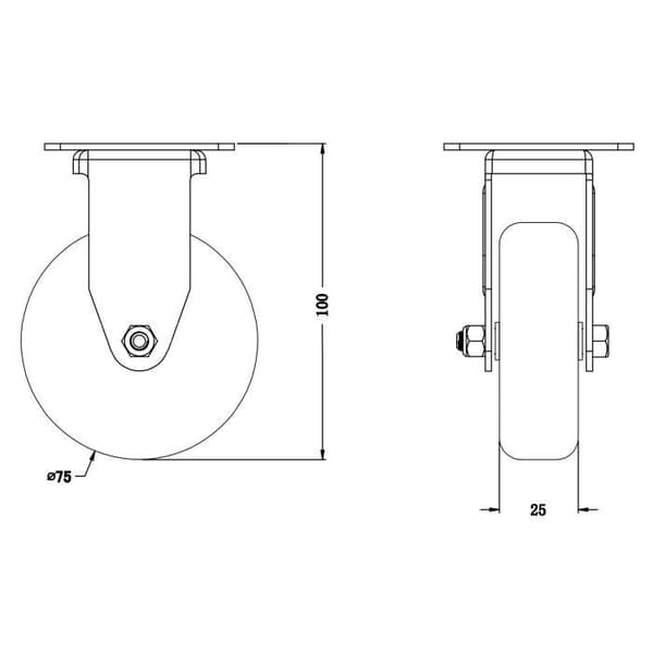 Kumipyörä - Castor - 75 mm - Kiinteä - Kappacity 60kg - Kovuus 85A