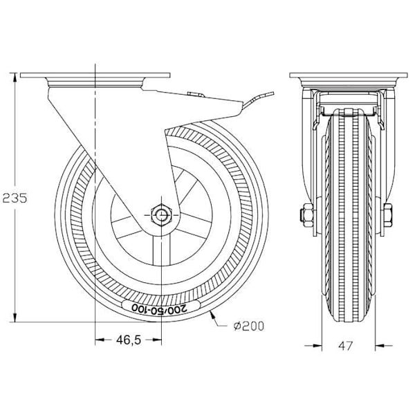 200 mm 8" rustfrit stål hjul, grå gummi, drejelig med bremse, 205 kg Grå