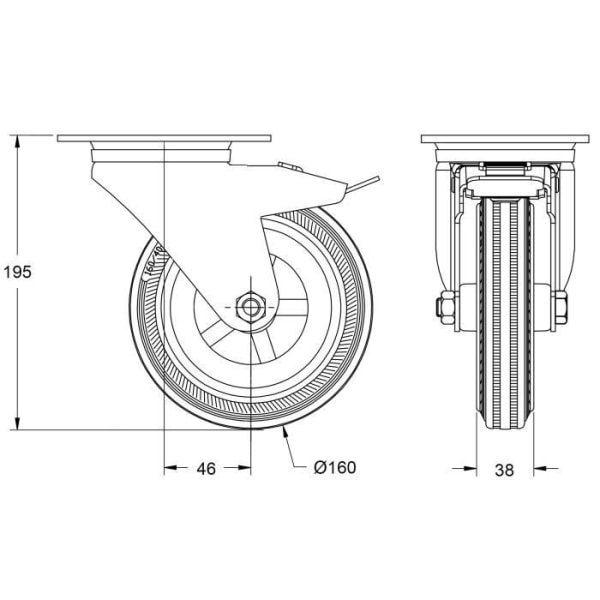 Rostfria hjul 160 mm 6" grått gummi med broms - Set om 2