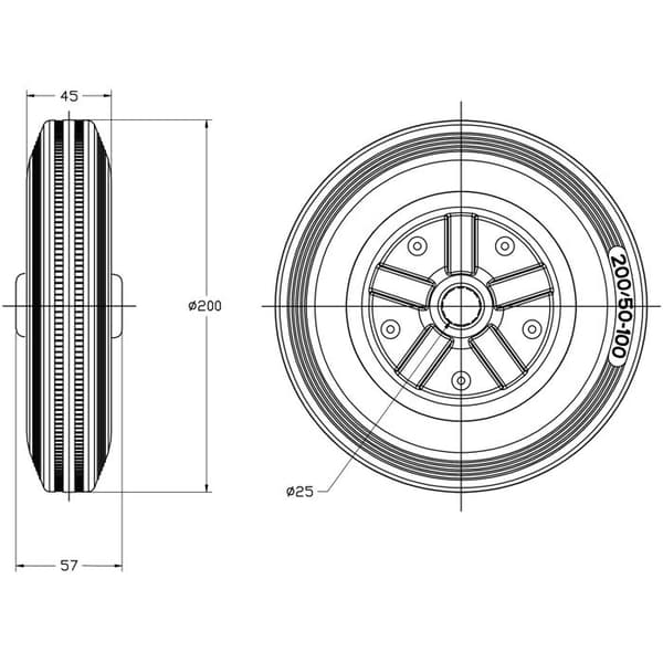 Hjul - Sort - 200mm - Sæt af 4 - Belastningsevne 185 kg - Solid gummi