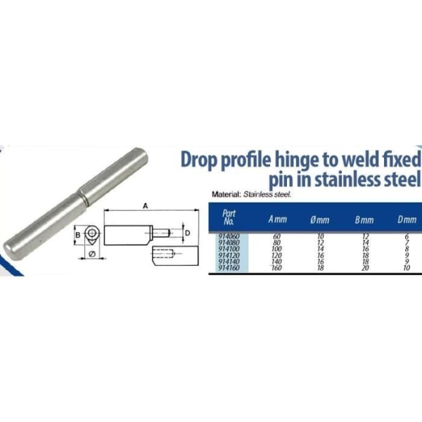 Hængsel 80mm Rustfrit stål dropprofil svejsbar fast stift - 1 par - 2 stk.