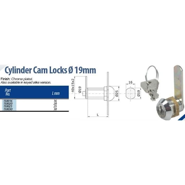 Cylinder knastlås - IBFM - Gevindlængde 16 mm - Forkromet - Ideel til skabe Krom